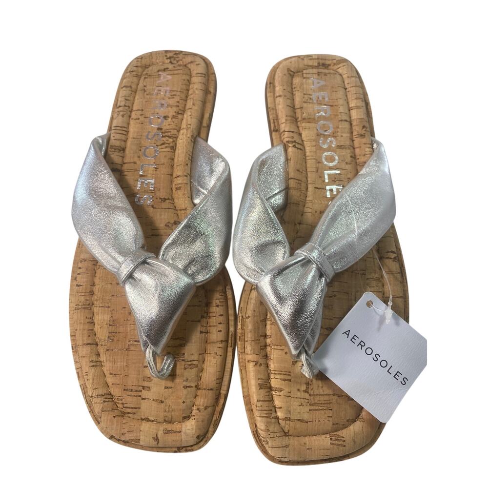 Aerosoles Bond Silver Metallic Knotted Bow Cork Flatform Sandals Size 9 NWT